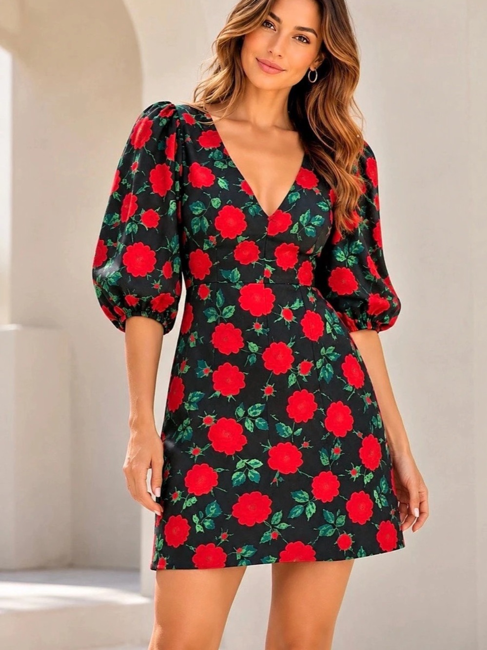 Dolce & Gabbana Black & Red Rose Print Puff Sleeve Mini Dress Large